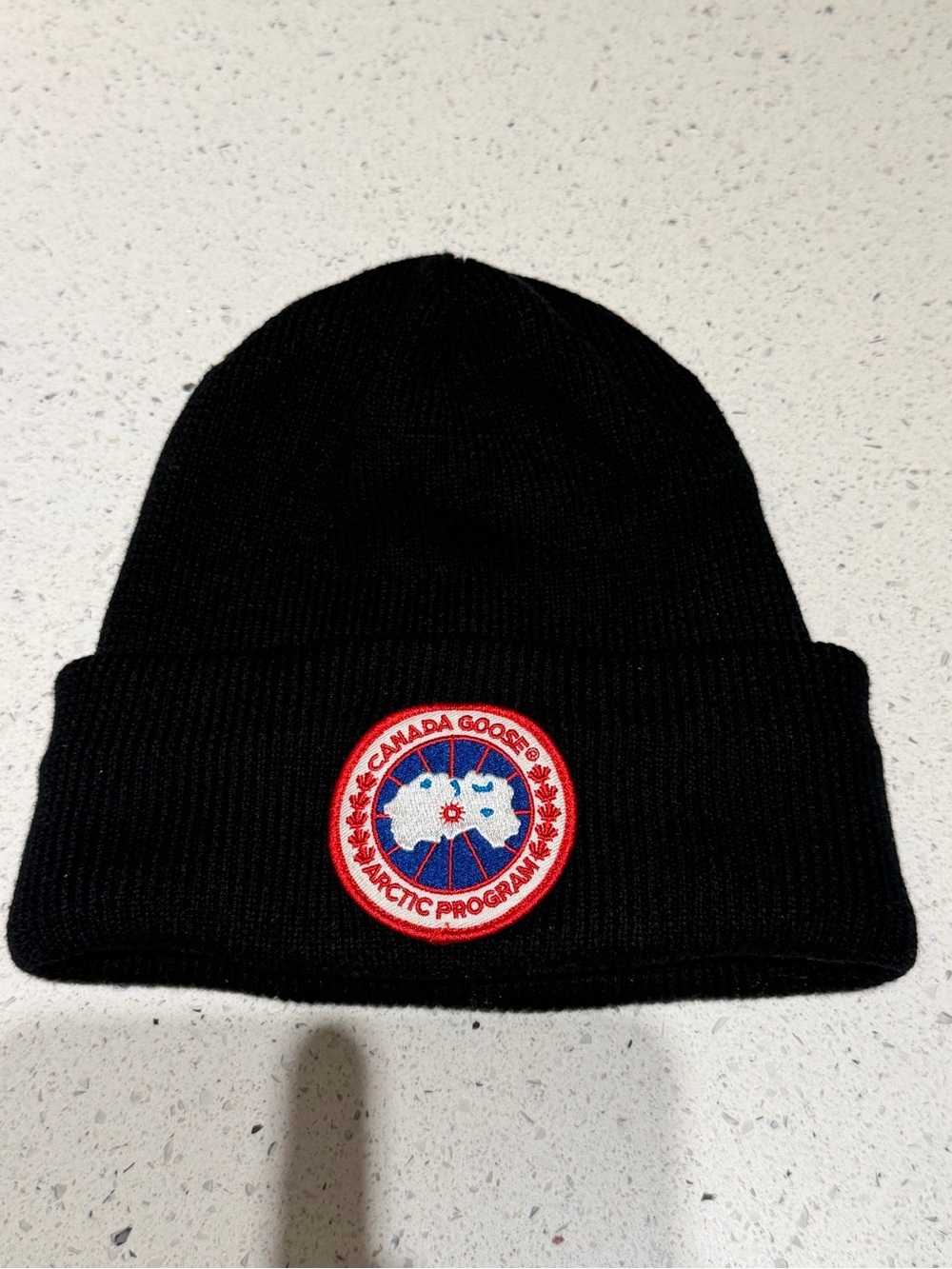 Canada Goose Black Rib Knit Beanie with Red Arctic Patch